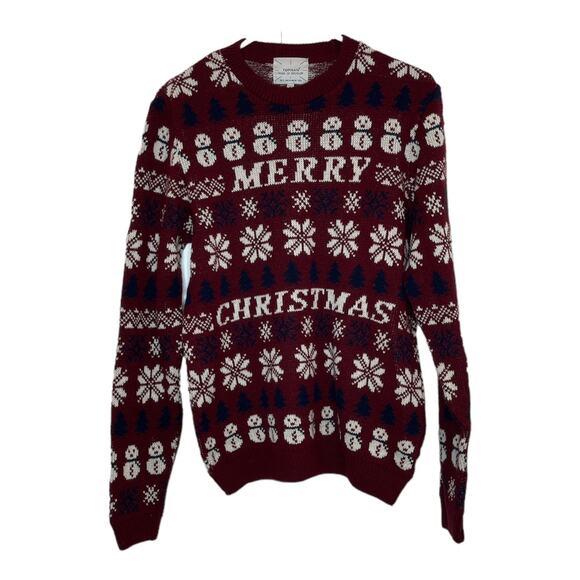 Topman Men's Merry Christmas Crew Neck Sweater Snowman Snowflakes Trees Size S - Picture 1 of 5
